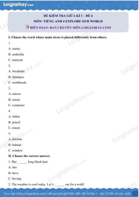 Đề thi giữa kì 1 Tiếng Anh 4 Explore Our World - Đề số 6